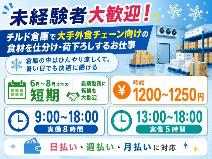 🍔【6月～8月短期】チルド商品の仕分けスタッフ｜那覇市港町