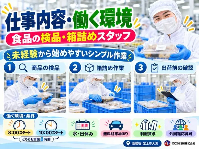 【富士市大渕】未経験OK！食品の検品・箱詰め｜時給1,230